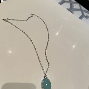 Stella & Dot Silver Necklace two side color with Aqua Pendant and dark green .